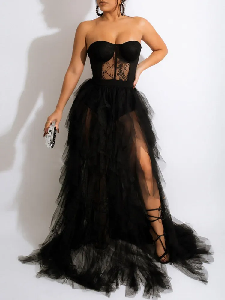Lace Slit Tulle Dress Maxct