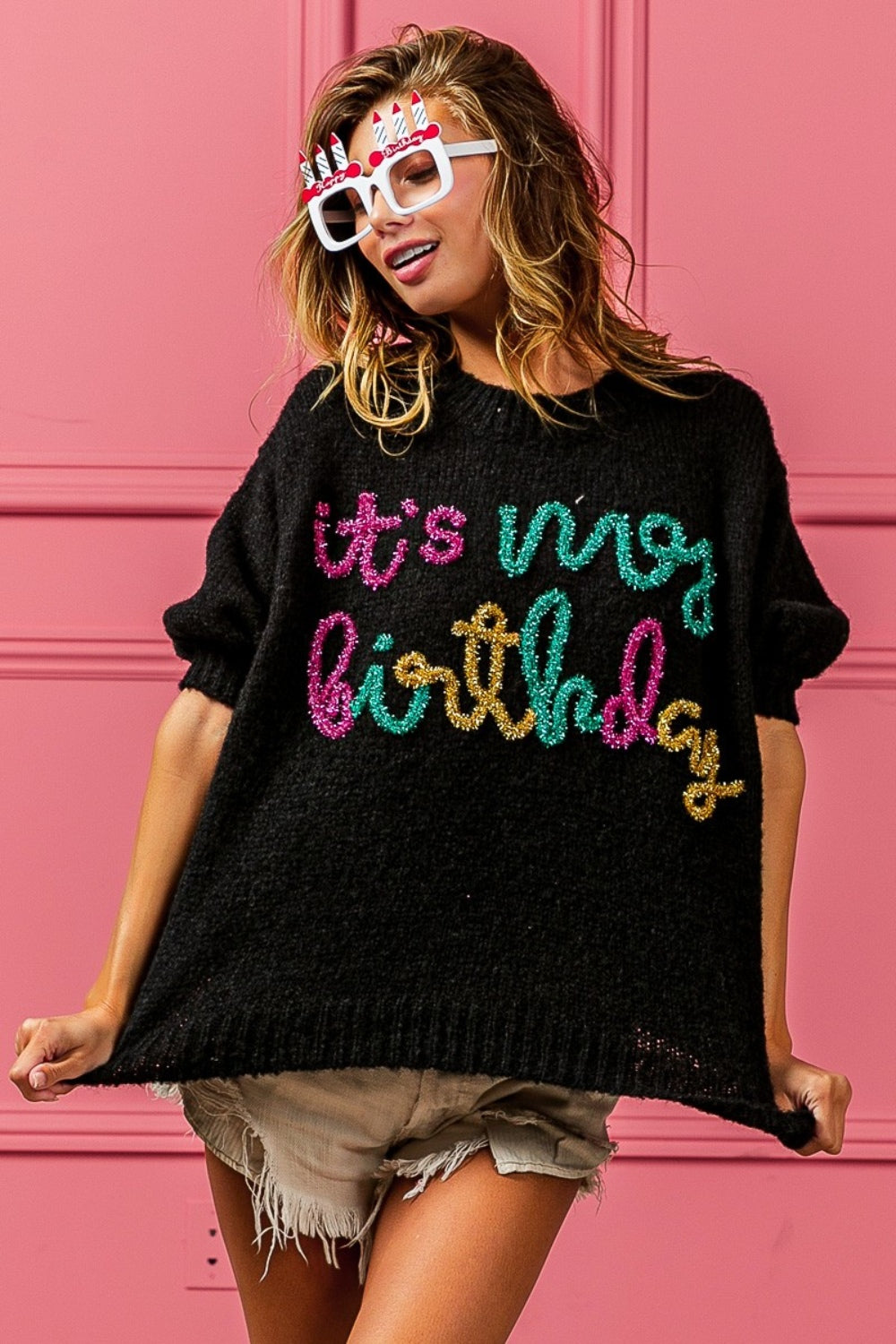 Maxct &BiBi Metallic Letter Puff Sleeve Hairy Sweater