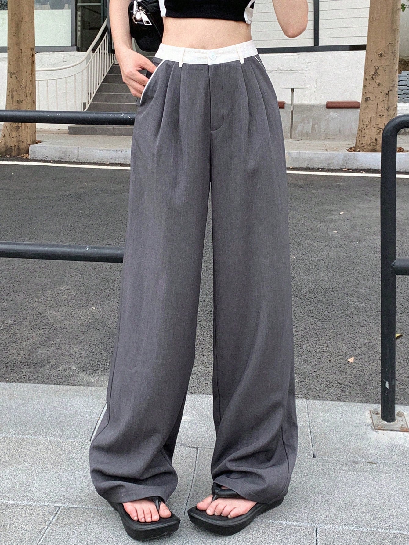 Maxct Women Colorblock Pleated Wide Leg Casual Suit Pants With Pockets - Image 3