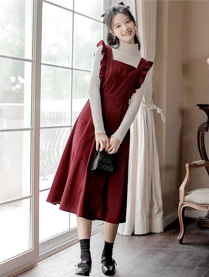 Frilly Corduroy Apron Pinafore Dress Maxct