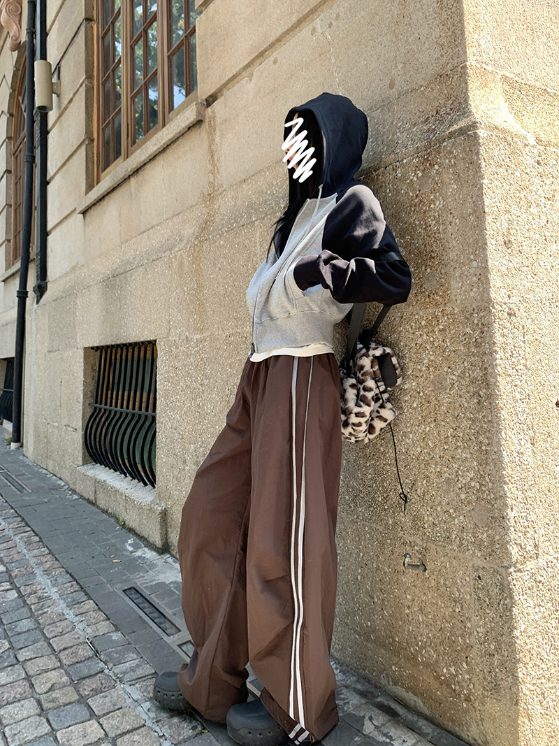 Grey Cropped Hoodies Zip Up Long Sleeve Sweatshirt Cardigan Oversized Autumn Fashion Wide Leg Track Pants Two Piece Sets
