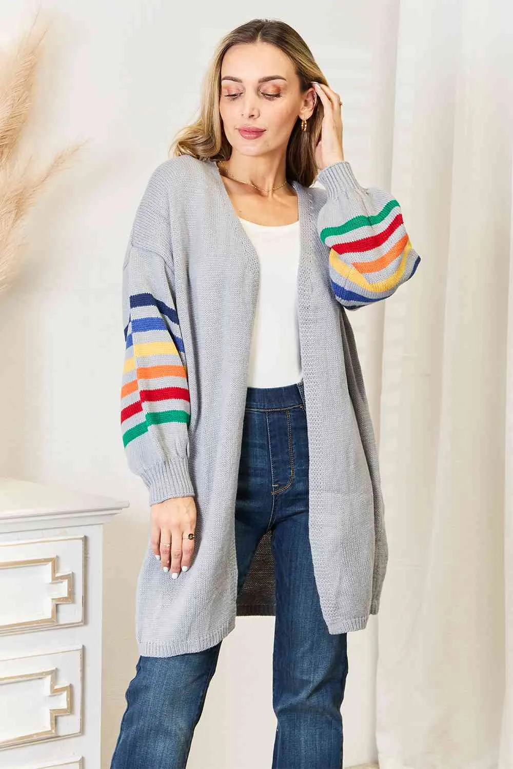 Maxct &Double Take Multicolored Stripe Open Front Longline Cardigan