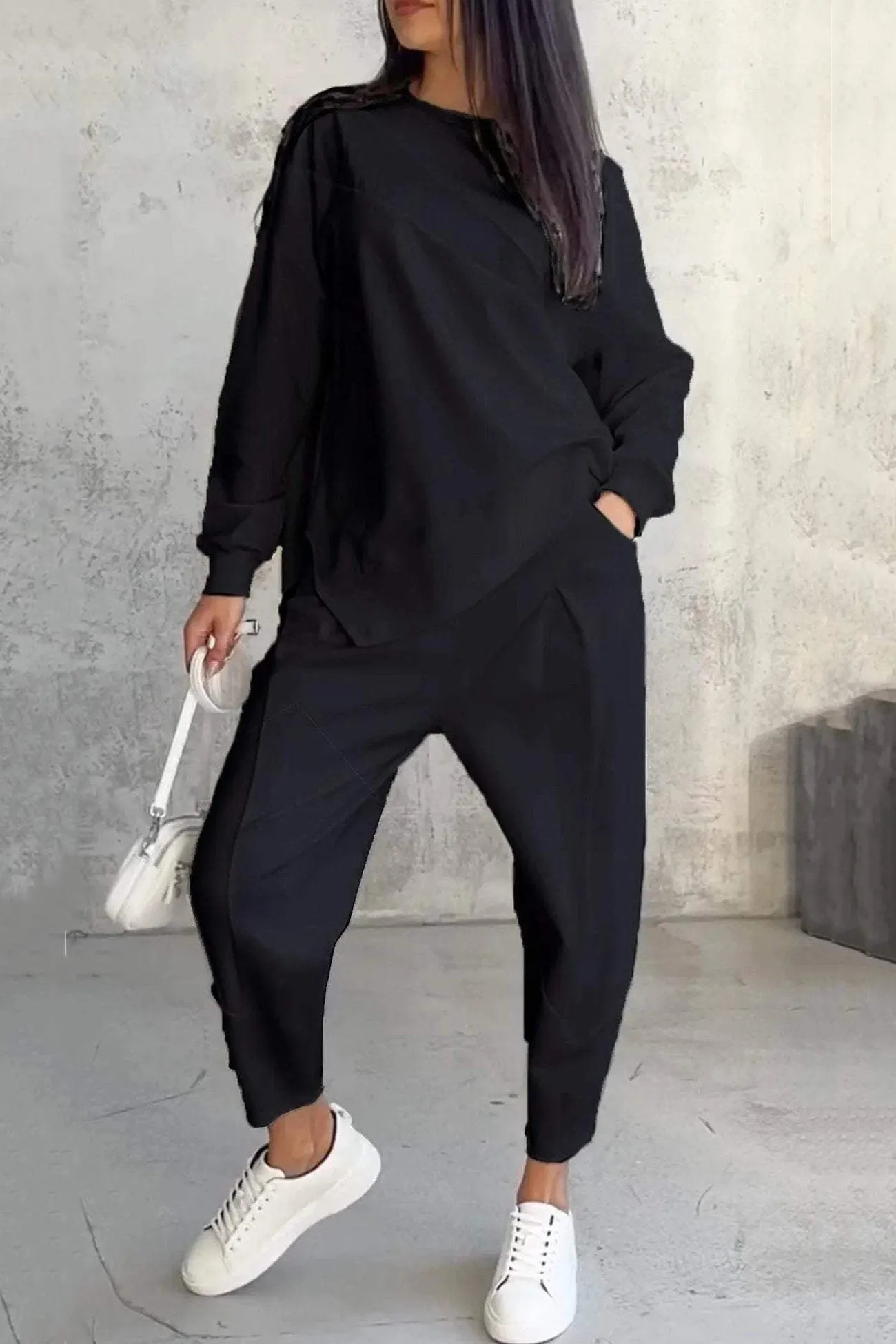 Maxct Crew Neck Irregular Hem Sweatshirt Suits