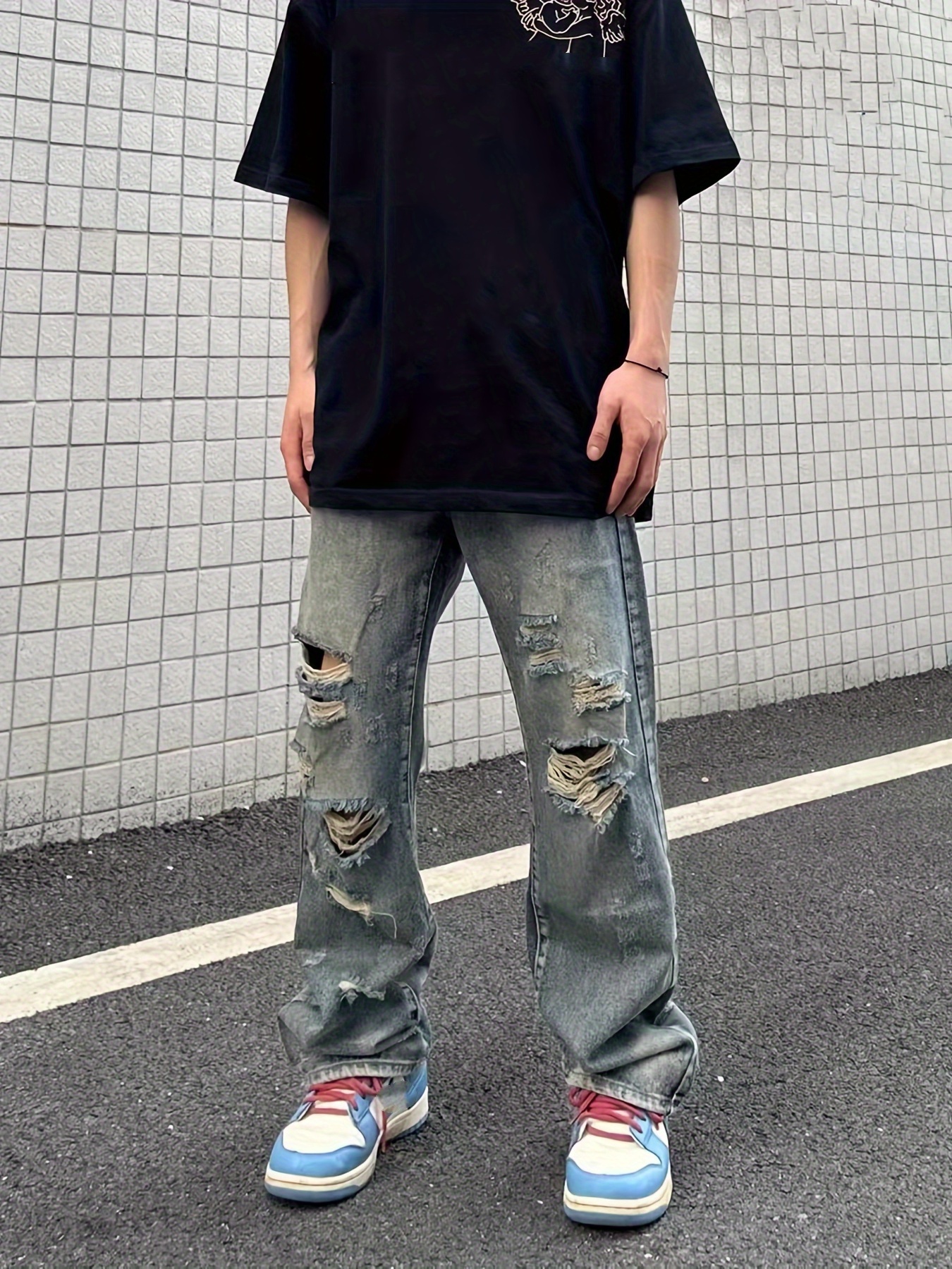Baggy Ripped Cotton Jeans, Men's Casual Street Style Distressed Denim Pants For Spring Summer