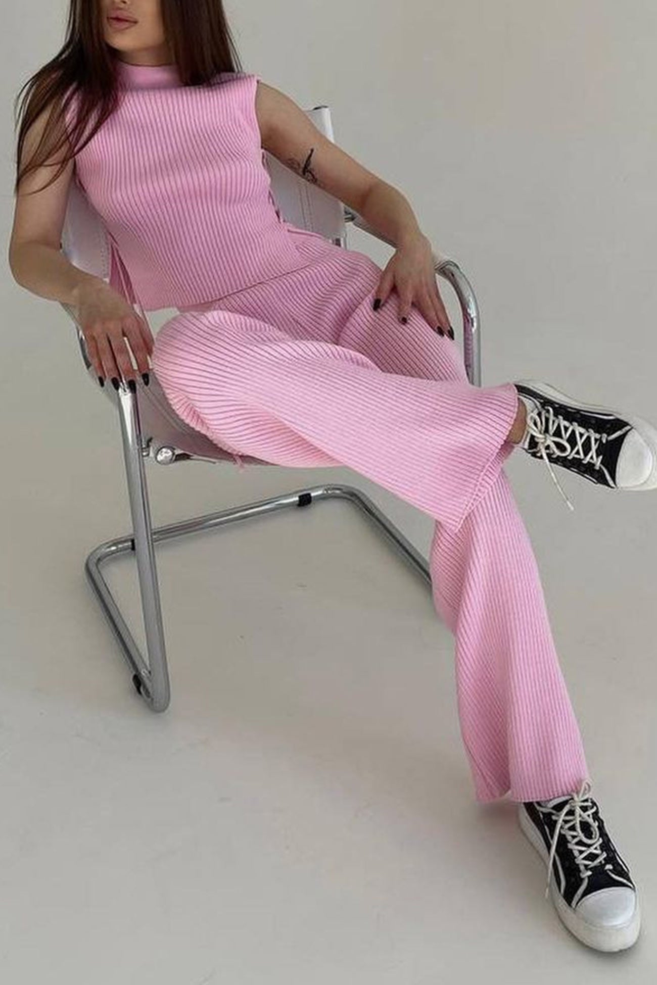 Maxct Ribbed Knit Lace-up Tank Top Pants Suits