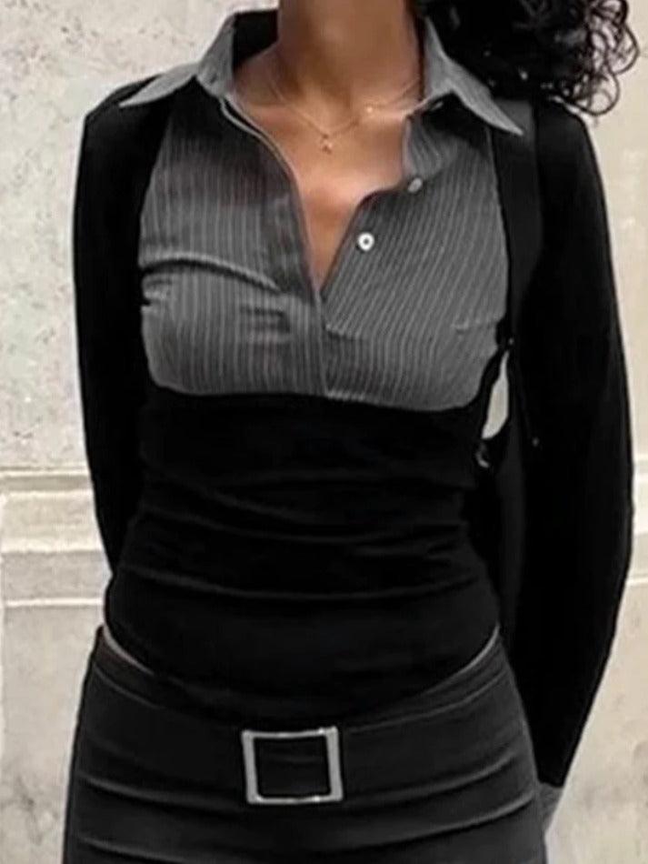 Maxct Stripe Splice Polo Neck Long Sleeve Blouse
