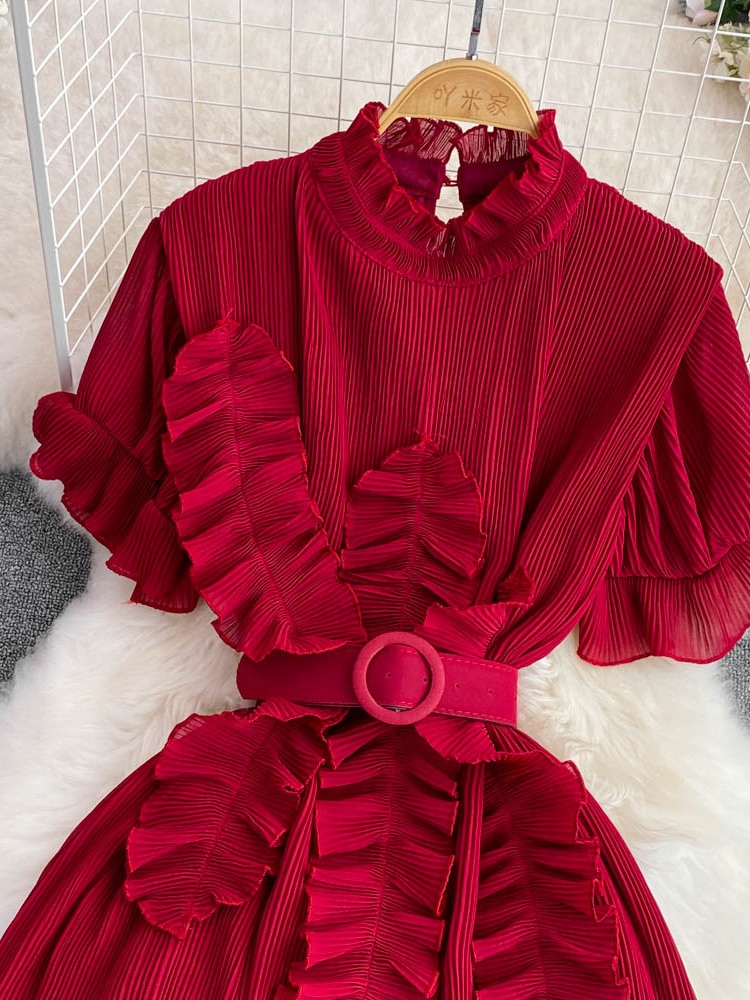 Women's Pleated Midi Dress Purple/Red/White Stand Collar Short Flare Sleeve High Waist A-Line Ruffle Party Vestidos Female