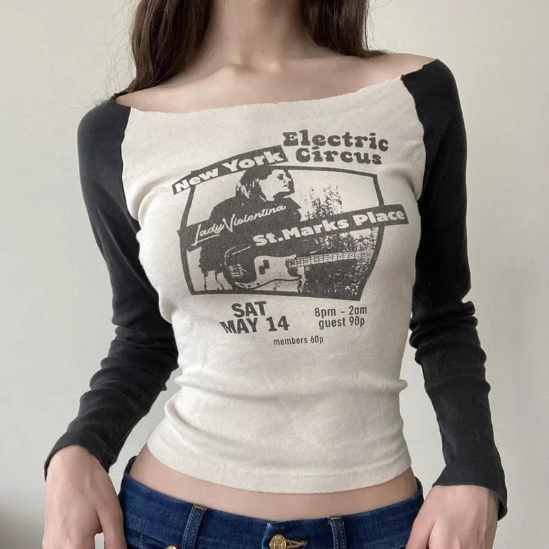 Maxct 2000s Retro Patchwork Long Sleeve Crop Top Hip Hop Harajuku T-shirt E-girl Punk Mall Grunge Emo Alt Clothes Women Pullovers Tees
