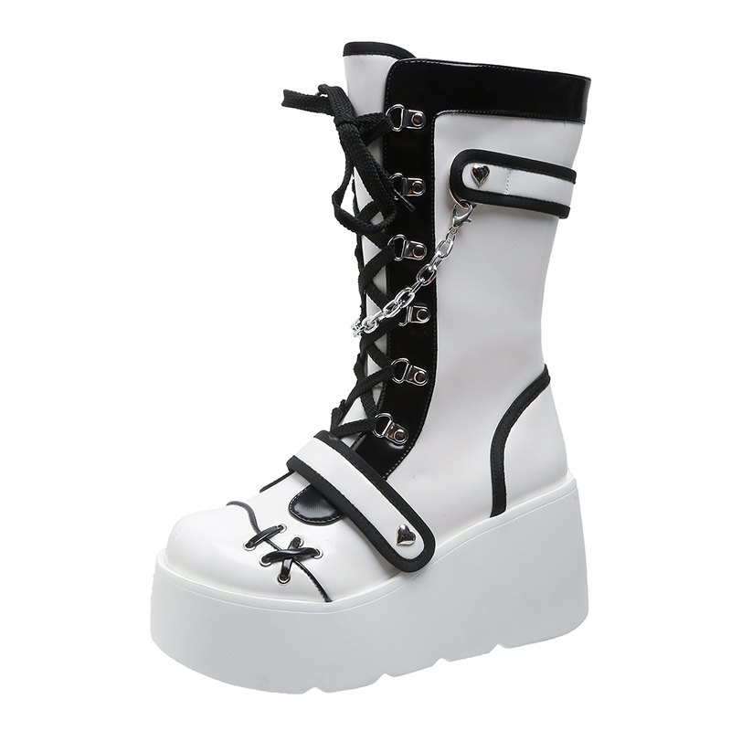 Platform Wedge Women's Boots Black and White Punk Gothic Style - true deals club