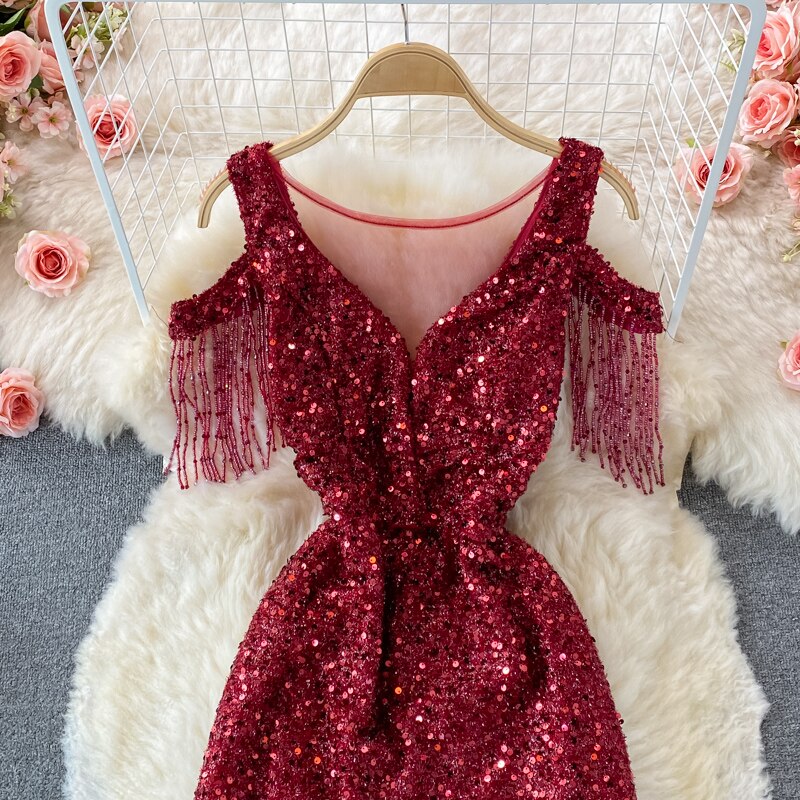 Sequins Party Maxi Dress For Women Sexy V-Neck Short Sleeve High Waist Tassel Long Robe Female Elegant Vestidos