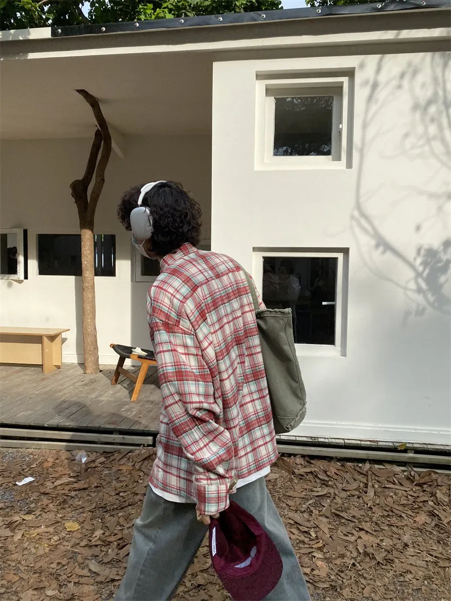Maxct 90s Streetwear American Retro Plaid Shirt Men's Spring And Autumn New Loose Casual Lazy Style Long-sleeved Shirt All-match Coat Top