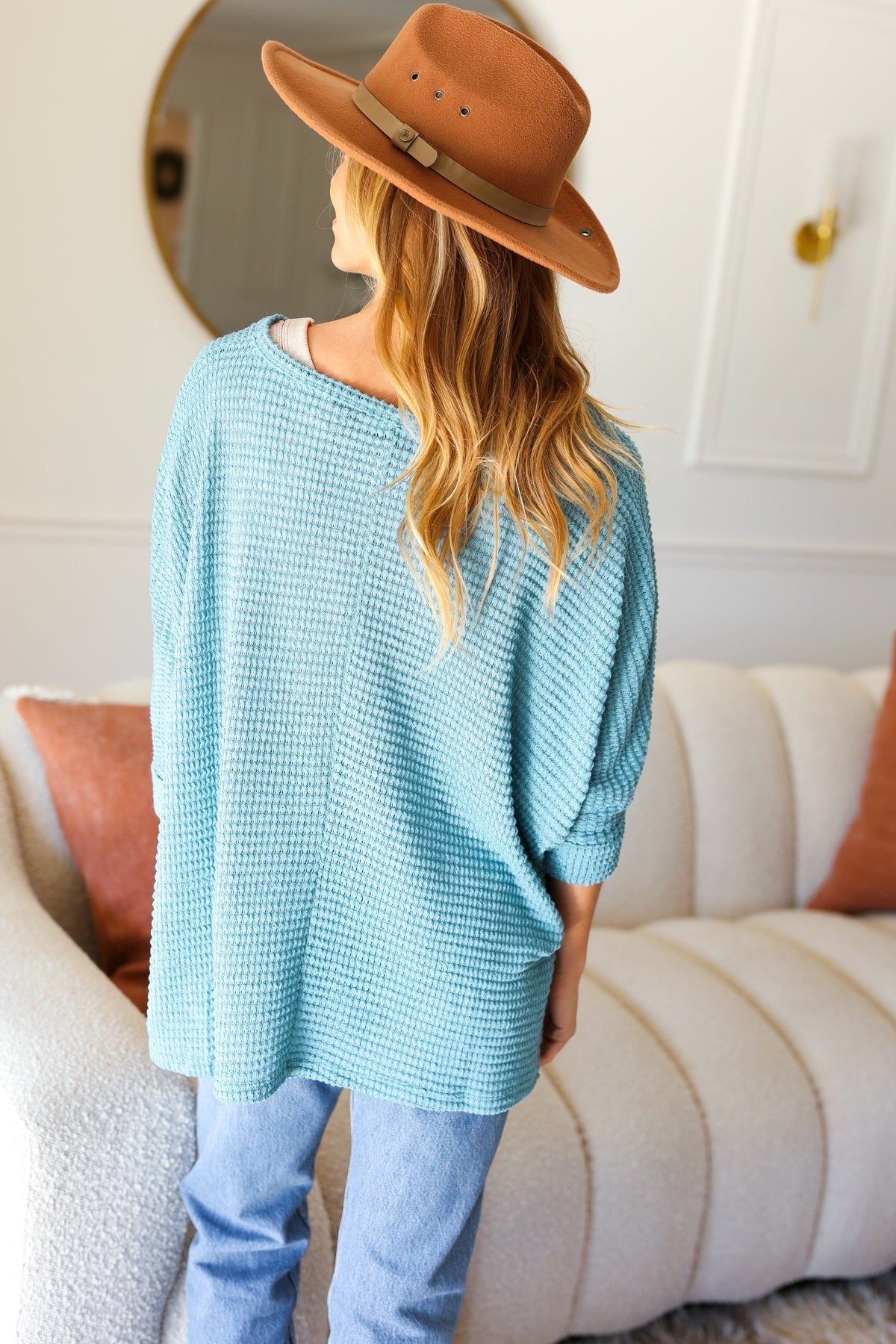 Maxct &Just My Type Dusty Teal Jacquard Hi-Low V Neck Sweater