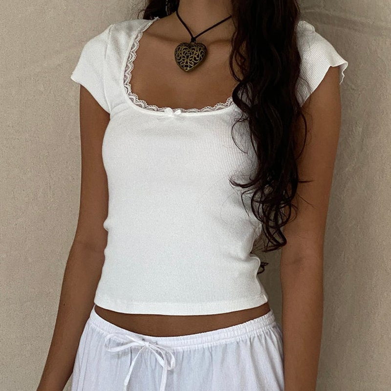 Kawaii Lace Trim T-shirt Chic Vintage Short Sleeve Rib Knitted Tees Shirt Elegant Women Fairy Cottage Y2K Crop Tops Clothes