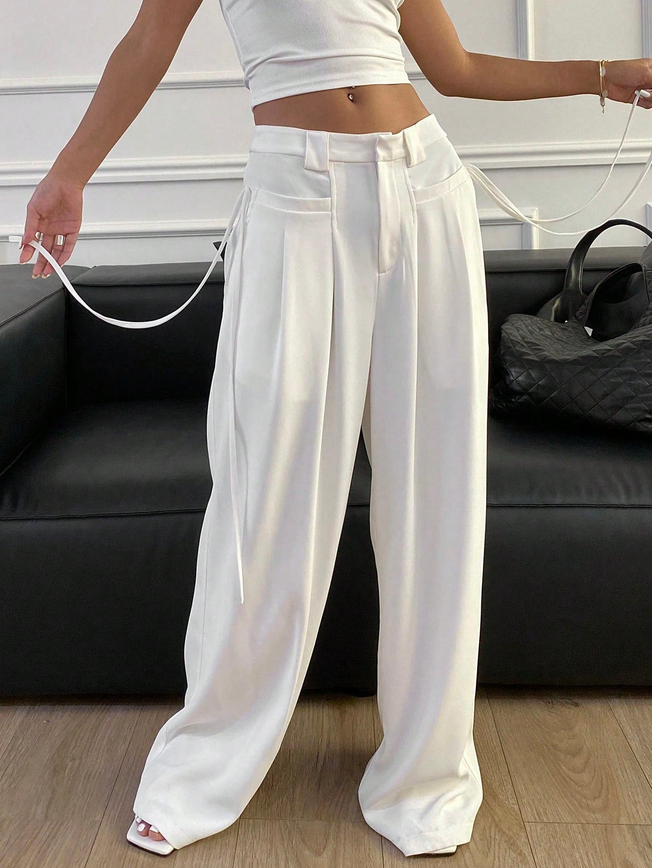 Maxct Solid Color Bow Tie Waist Wide Leg Trousers Women's Suit Pants