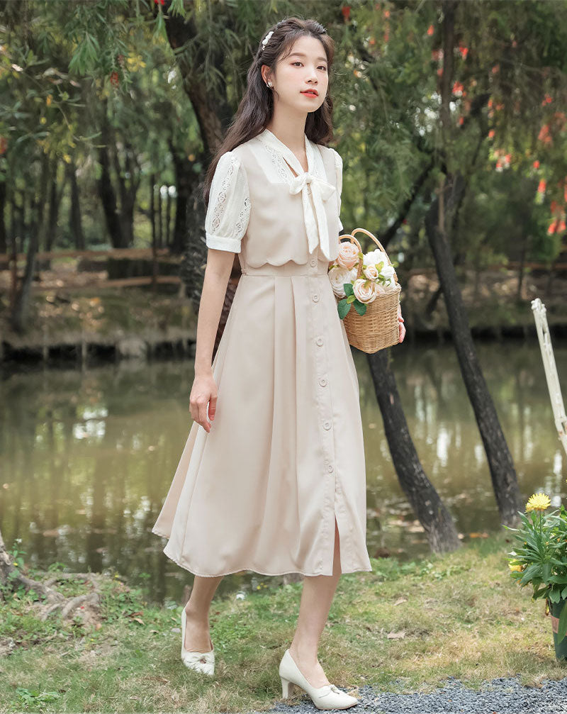 Button Up Tie Neck Twofer Midi Dress Maxct
