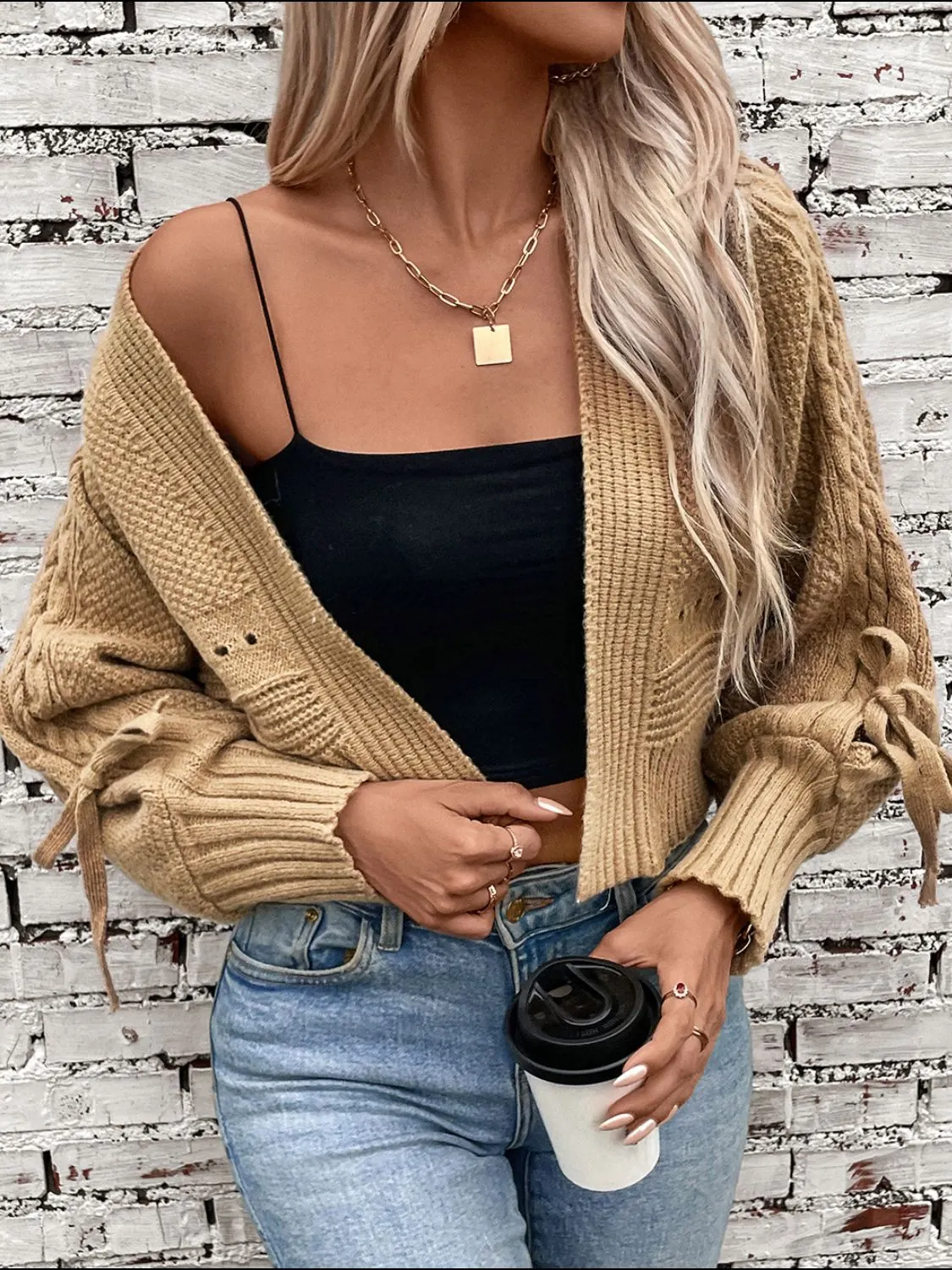 Maxct &Cable-Knit Tied Open Front Lantern Sleeve Cardigan