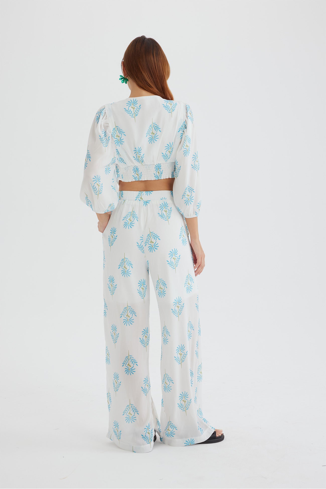 Maxct Floral Print Puff Sleeve Knotted-front Tops Long Pants Suits