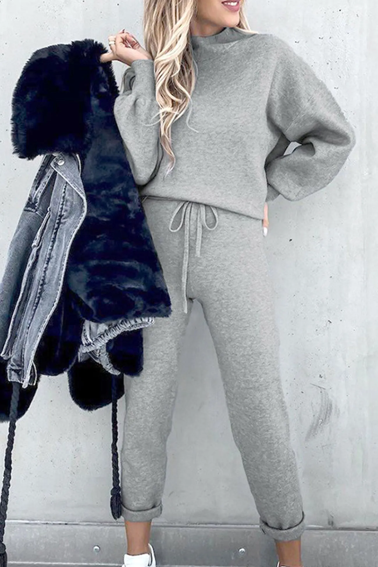 Maxct Mock Neck Puff Sleeve Sweatshirt Long Pants Suits