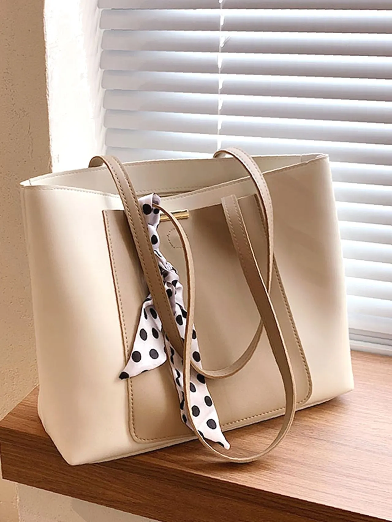 Maxct - Two Tone Scarf Decor Shoulder Tote Bag  - Women Tote Bags