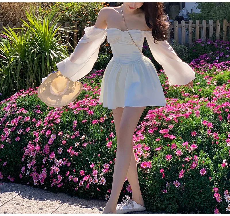 Voguable White Bubble Sleeve Dress Niche Design Pure Princess Skirt Girl Elegantes Party Prom Vintage Evening Y2k Maxct
