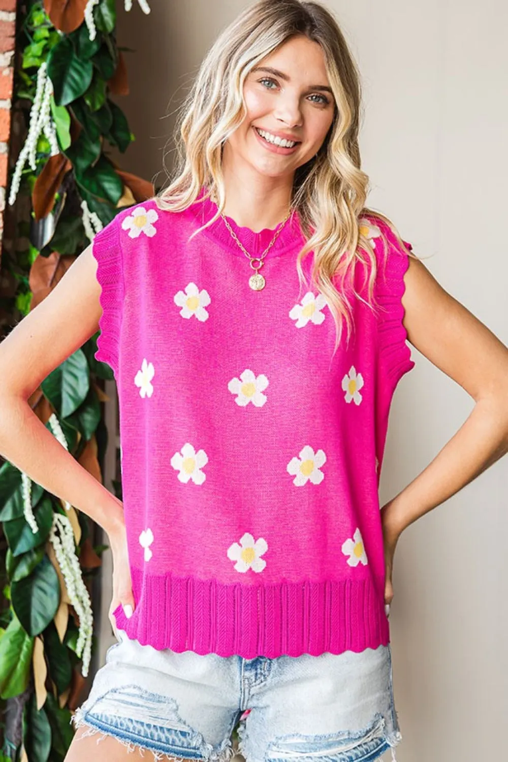 Maxct &First Love Full Size Flower Pattern Round Neck Sweater Vest