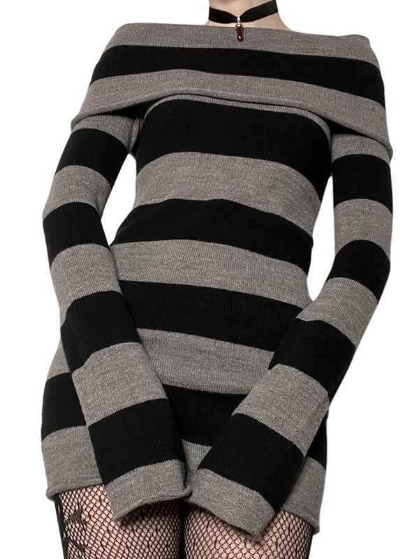 Off Shoulder Long Sleeve Striped Knit Mini Dress Maxct