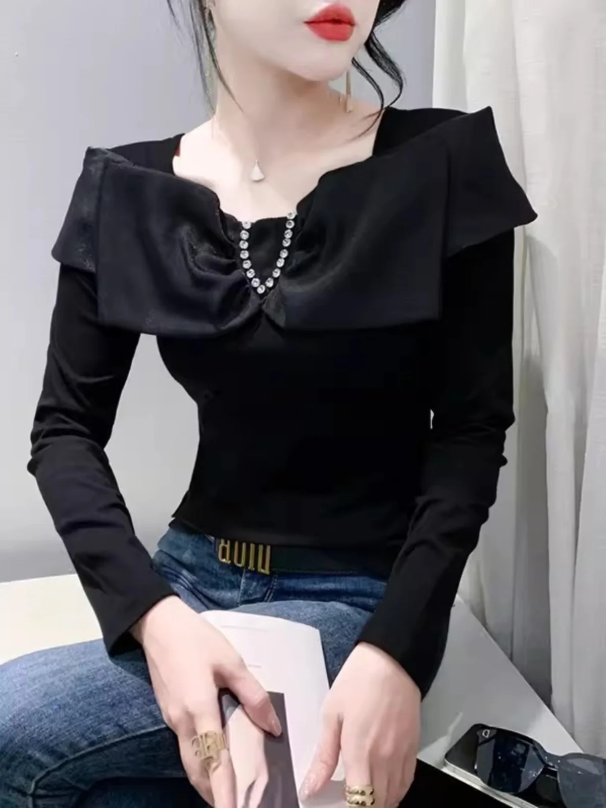 Maxct Autumn Cotton T-shirt Women's Beading Bowknot Slash Collor TShirts Female Fashion Slim Top HF3011