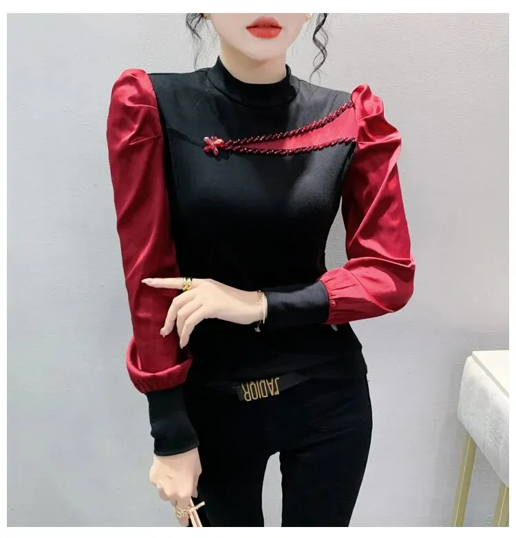 Maxct Women Full Puff Sleeve Beading Cotton T-shirts Girl Patchwork Contrast Color T Shirt Female Autumn Top