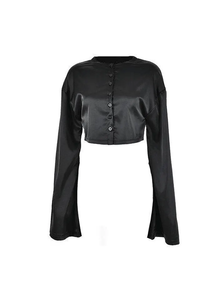 Maxct Satin Long Sleeve Buttoned Crop Blouse