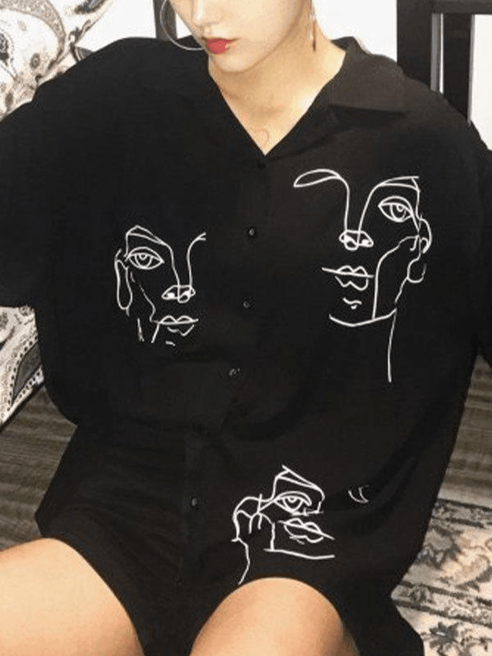 Maxct Abstract Face Print Long Sleeve Blouse