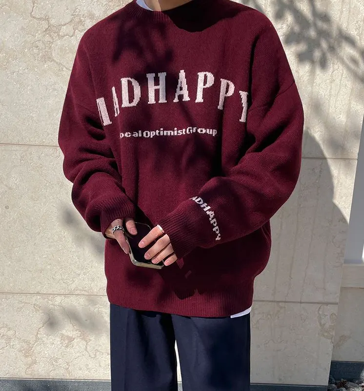 Maxct 5574 Claret Red Knitted Lettered Crewneck Sweater