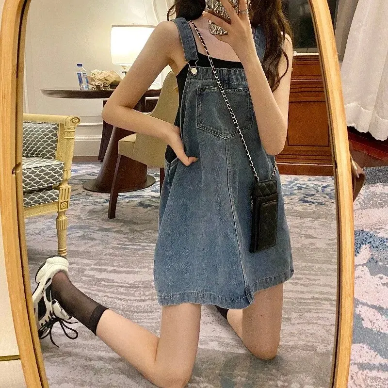 Maxct Korean 2000s Fashion Denim Dresses for Large Women Plus Size Summer Casual Teen Strap Retro Jeans Loose Overall Dress Women