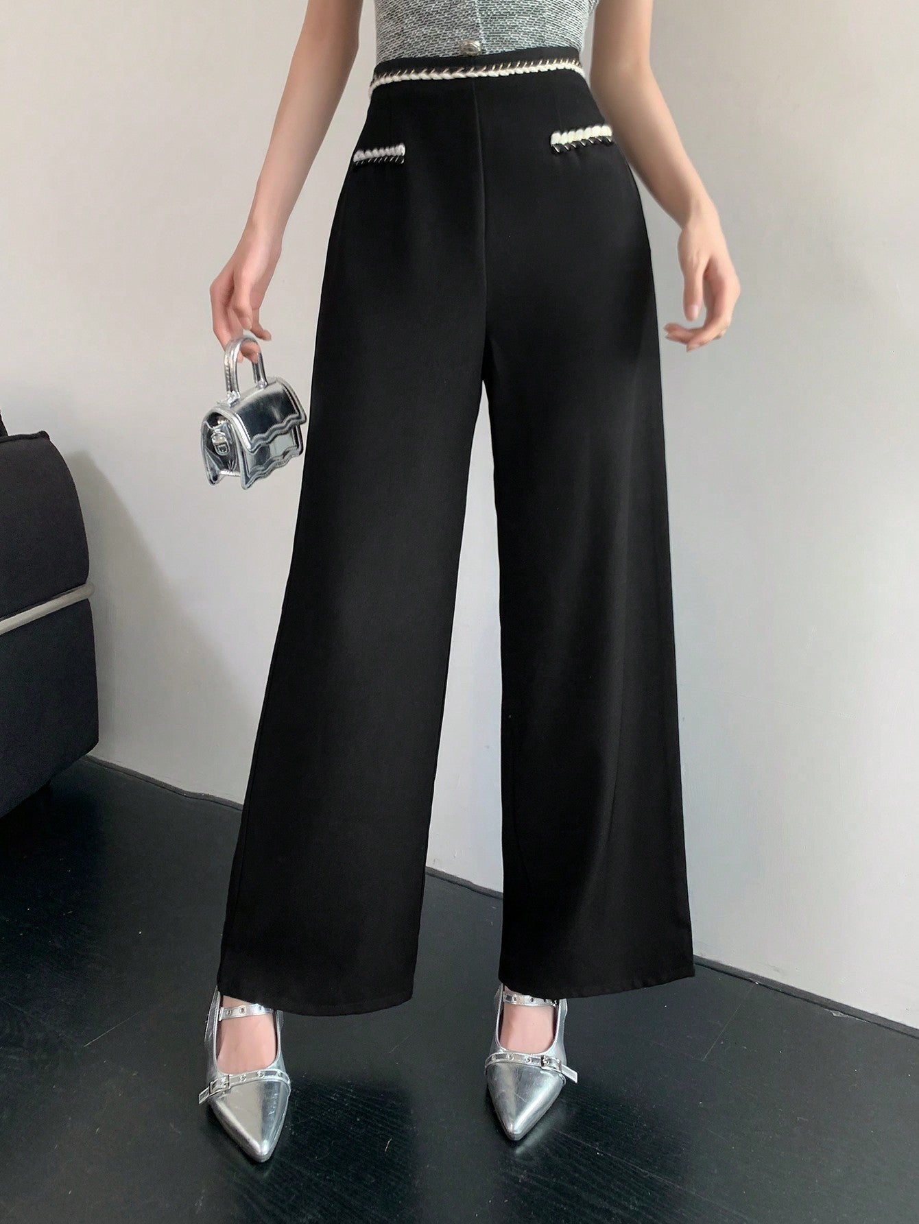 Maxct Women's Casual Woven Belt Splice Wide Leg Suit Pants