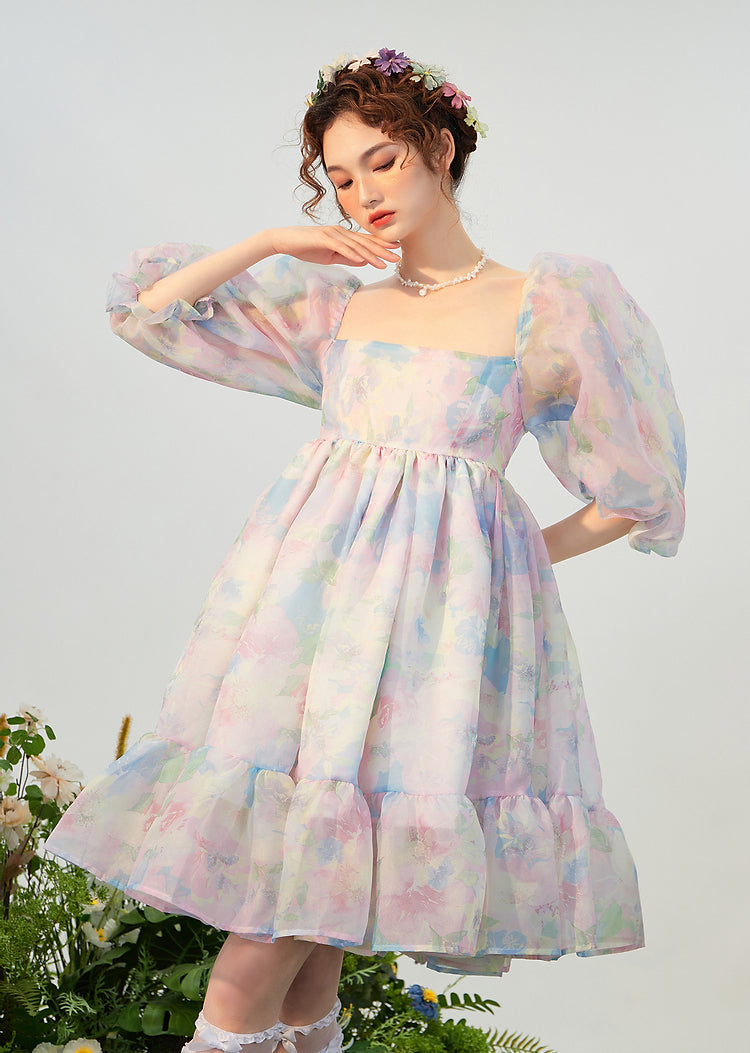 Watercolor Floral Puff Dress Maxct