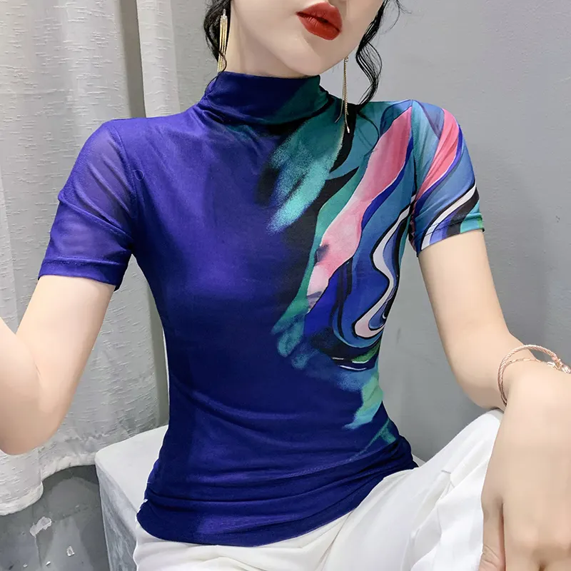 Maxct Summer Women Half Turtleneck Short Sleeve T Shirts Lady Elastic Tops Tees Female Basic Fashion Printing Mesh T-Shirt