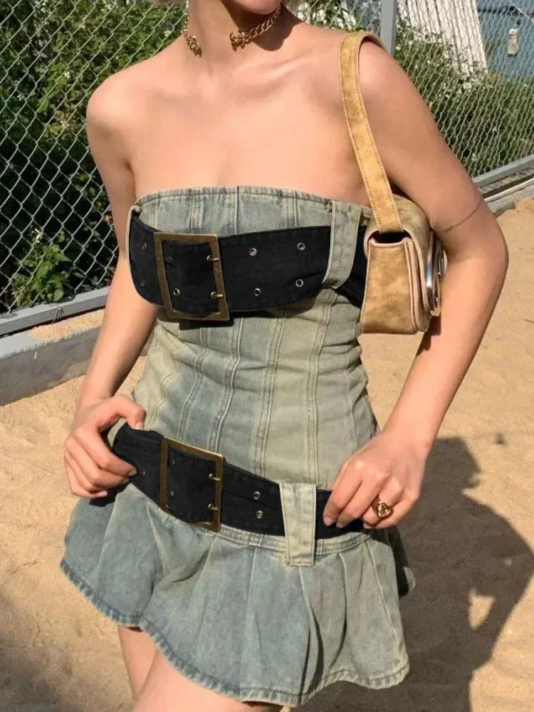 Vintage Y2k Strapless Denim Dress Bodycon Korean Kpop Belt Pleated Mini Dress 2000s Streetwear Maxct