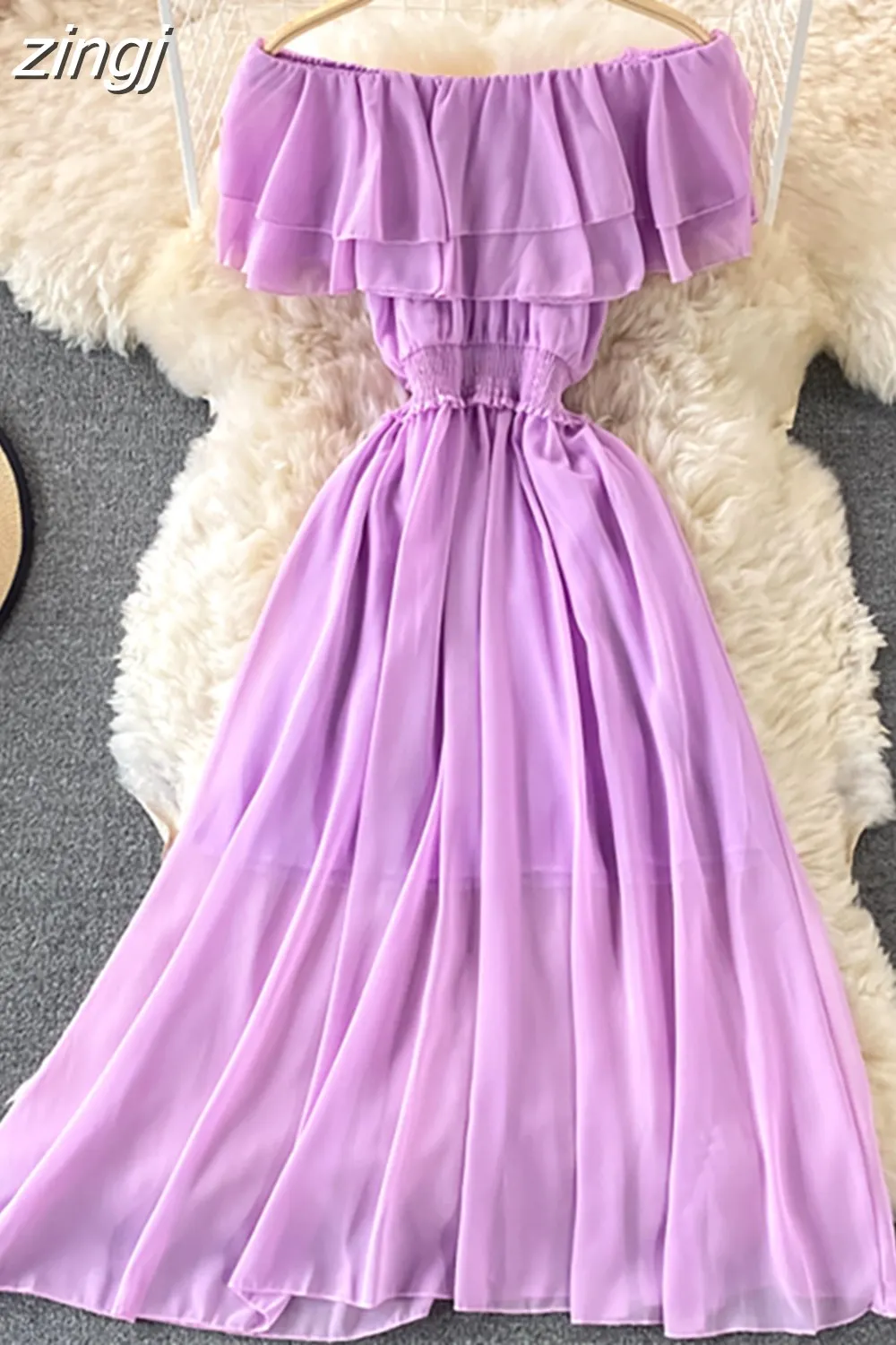 Maxct Chiffon Dress Women Sexy Slash Neck Ruffle Robe Elegant Ruffle High Waist Vestidos Female Beach Vacation New