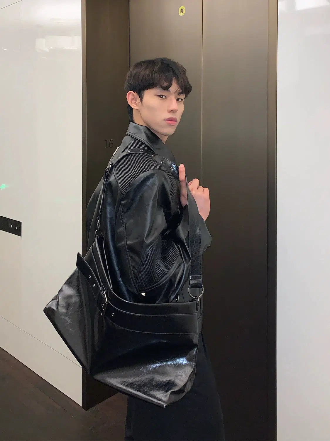 Maxct Pleated Stitching PU Leather Biker Jacket