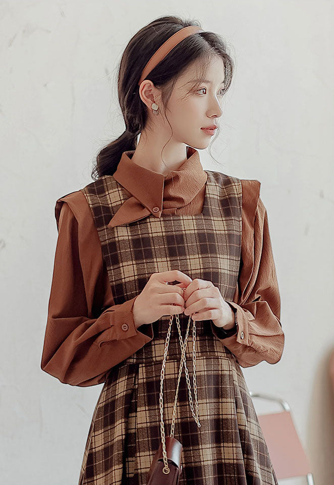 Crepe Plaid Pinafore Dress Set Maxct