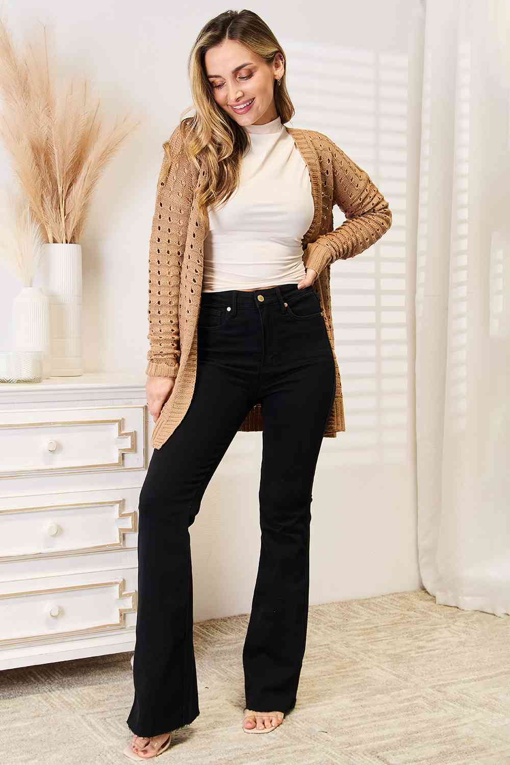 Maxct &Woven Right Openwork Horizontal Ribbing Open Front Cardigan