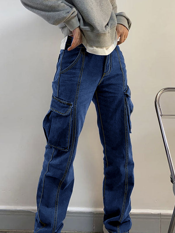 Washed Mid Waist Pocket Cargo Jeans Maxct