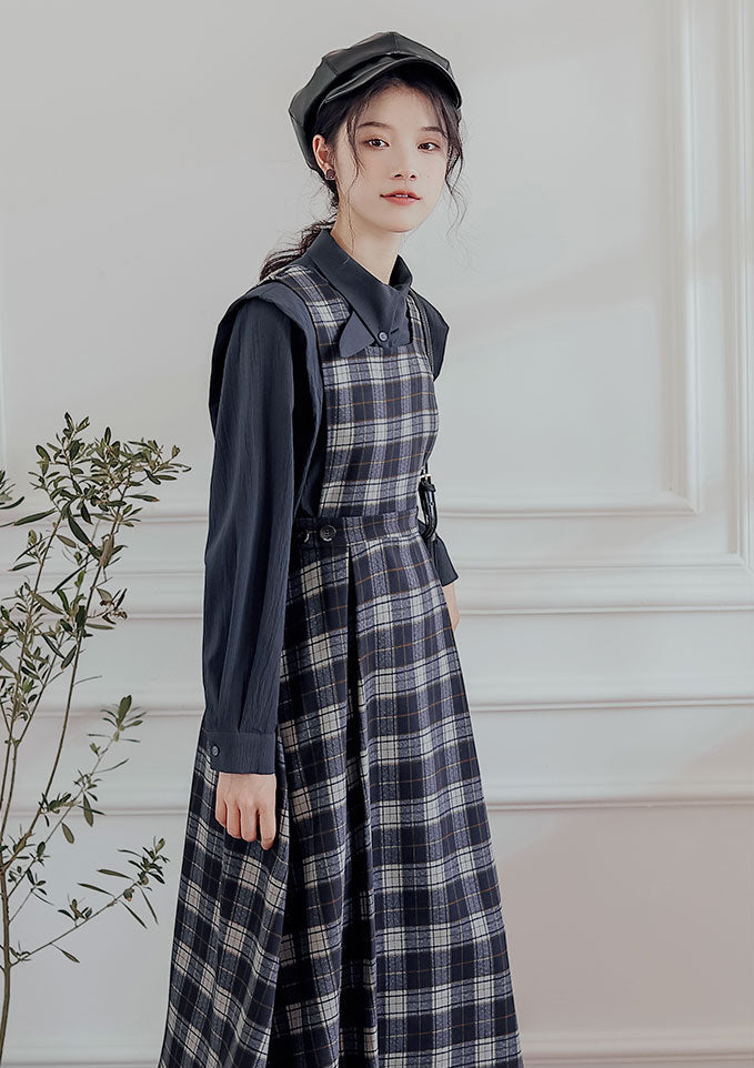 Crepe Plaid Pinafore Dress Set Maxct