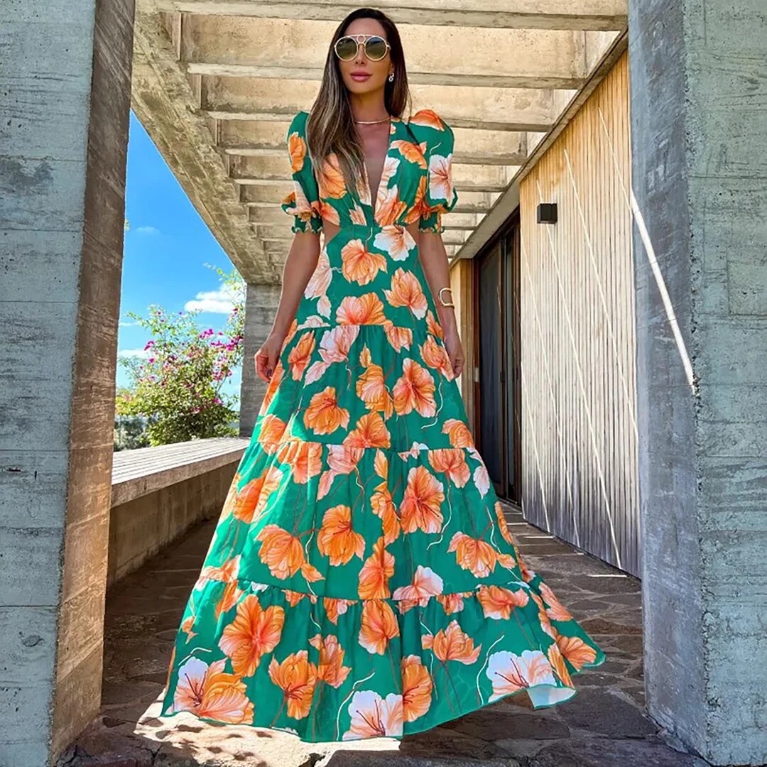 Maxct New Ruffle Sleeveless Printed Skirt Ladies V Neck Elegant Long Dress Waist Slimming Temperament Robe