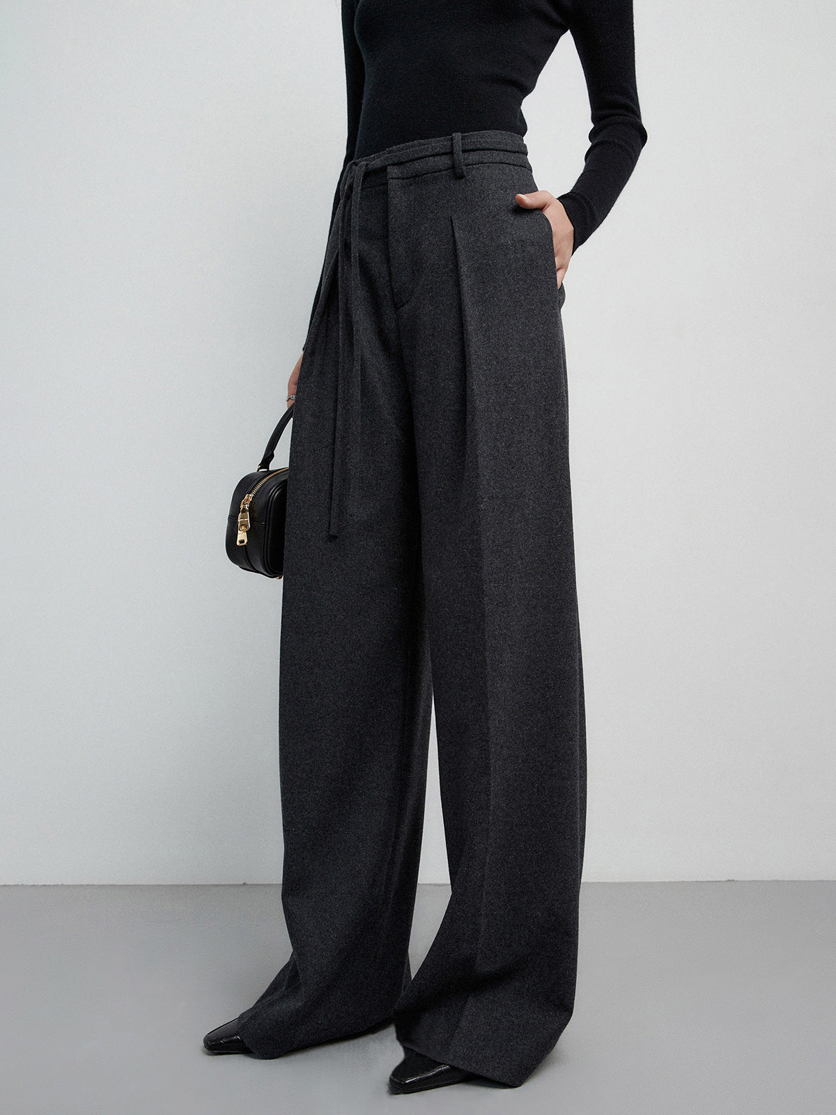 Maxct Solid Mid Waist Pocket Pants with Matching Tie