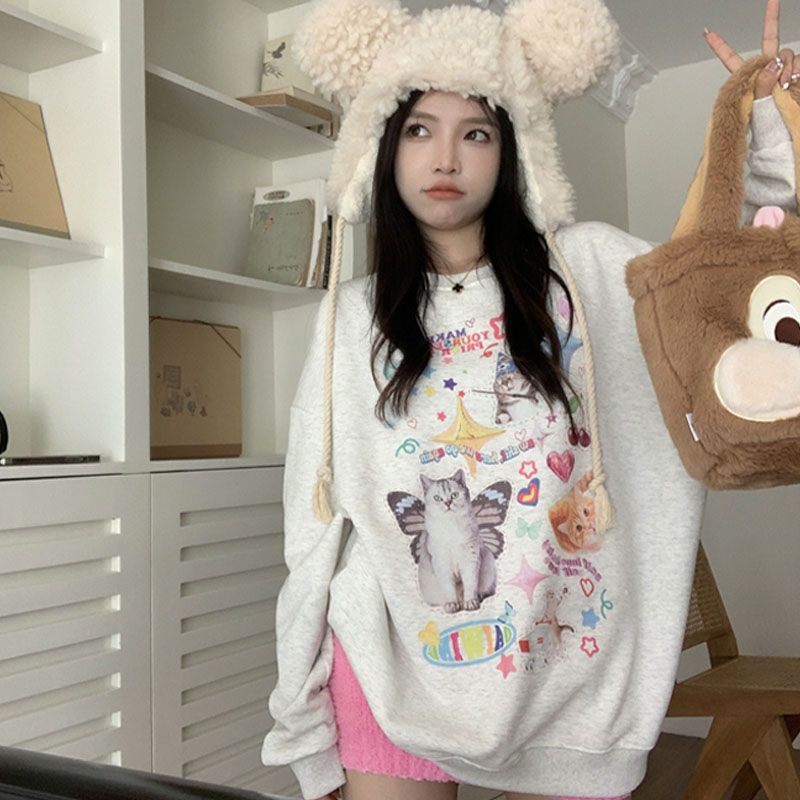 Kawaii Cat Print Hoodie Women Cutecore Long Sleeve Sweatshirt American Retro E-girl Kitten Angel Graphic Alt Clothes Y2k