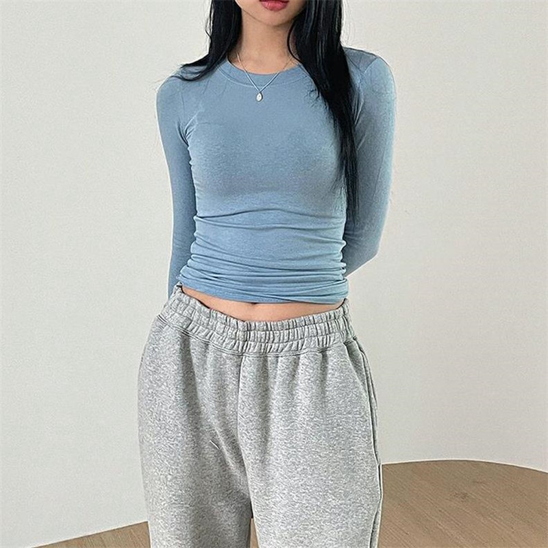 Chic Fashion Elegant Slim Fit Crop Tops Women Clothes Casual Solid Color Basic Tees Autumn Spring O Neck Long Sleeve T-shirt