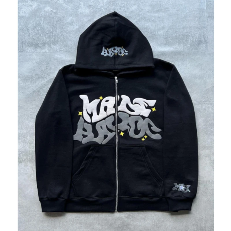 Maxct Y2K Zip Up Hoodie Harajuku Men Letter Graphic Printing Oversized Hoodie Sweatshirt Punk Rock Gothic Clothes Tops Streetwear