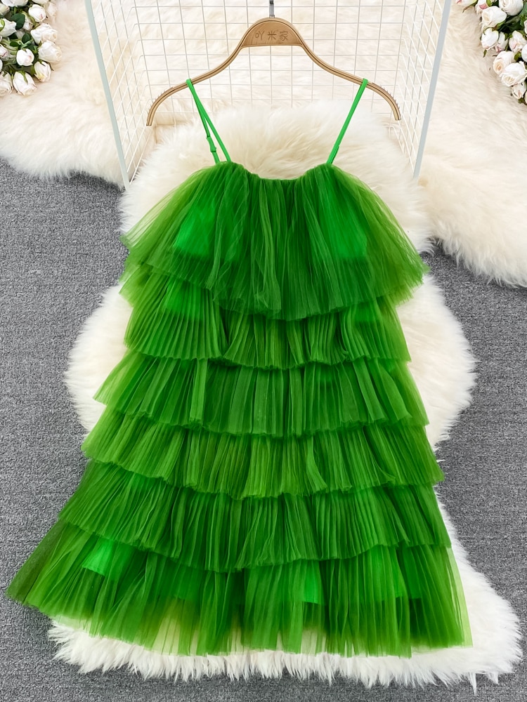 Cascading Ruffle Mesh Spaghetti Strap Mini Dress Women Purple/Green/Pink Sleeveless A-Line Vacation Beach Vestidos Female