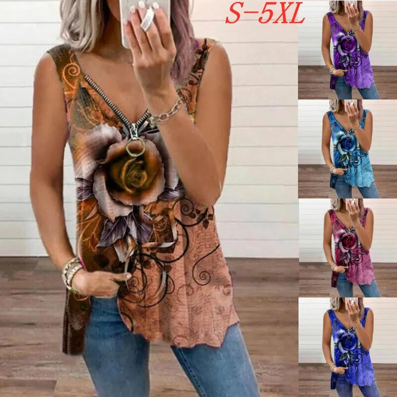 Maxct Women V Neck Zipper Sleeveless Top Summer Sexy Women Rose Printed T Shirt Fashion Loose Casual Plus Size Shirts F163