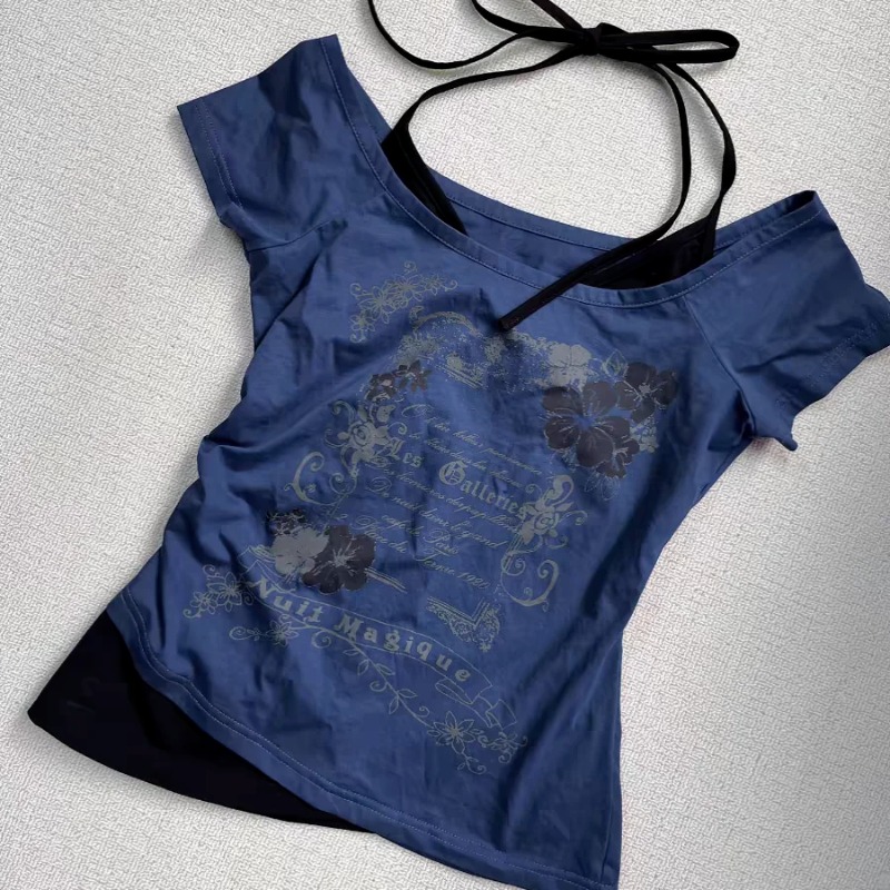 Maxct Retro Millennium Blue Fake Two Piece Halter Neck Letter Print T-Shirt Women Fashion Street Hot Girl Slim Fit Casual Y2K Top